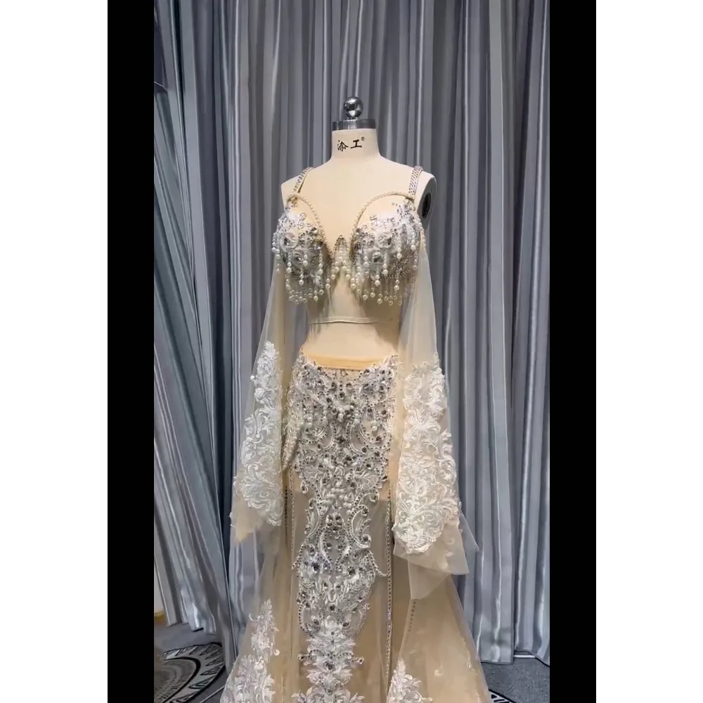 BellyDance Suit Embroidery Diamond Bra Split Fishtail Skirt Performance Set Custom Adult Child Competition Clothing Accessories