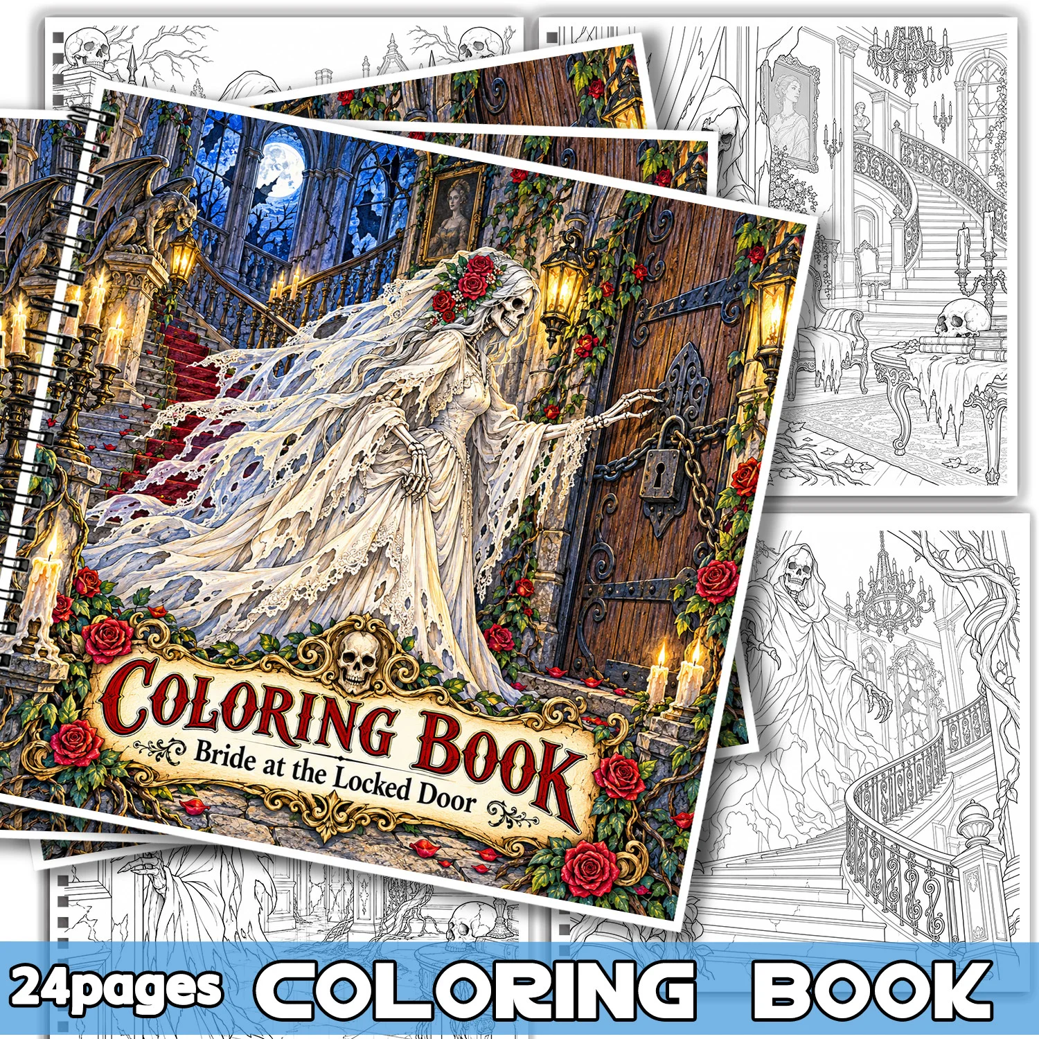 24 Pgs Spiral Coloring Book Gothic Skeleton Bride Art For Adult Teens, Showcasing Creativity Relieving Stress Relaxing Body Mind