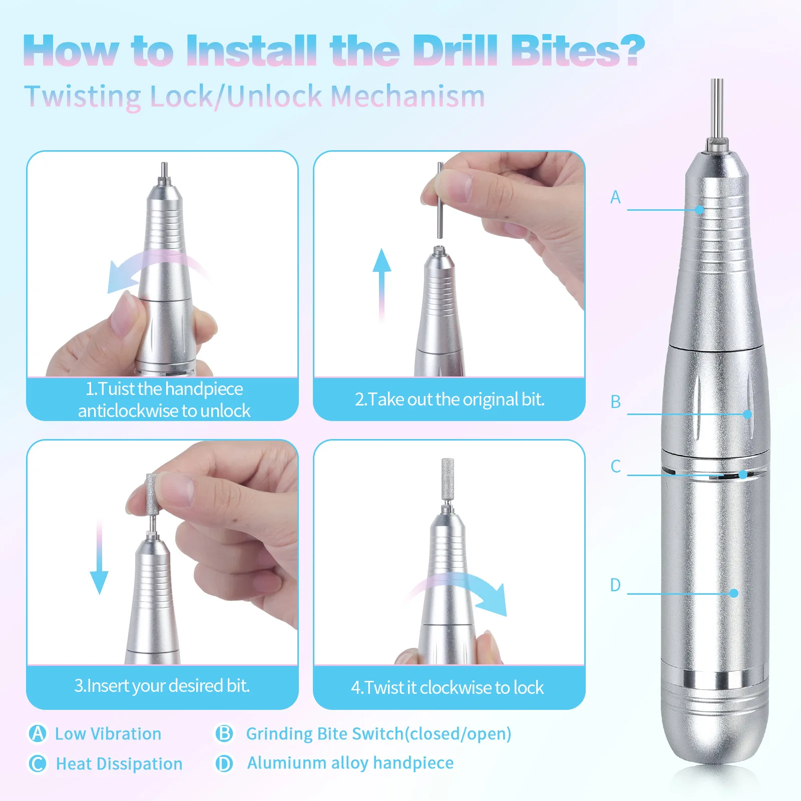 Oplaadbare elektrische nagelboor met instelbare snelheid en hoge rotatie, op batterijen werkende nagelvijl voor manicure en pedicure