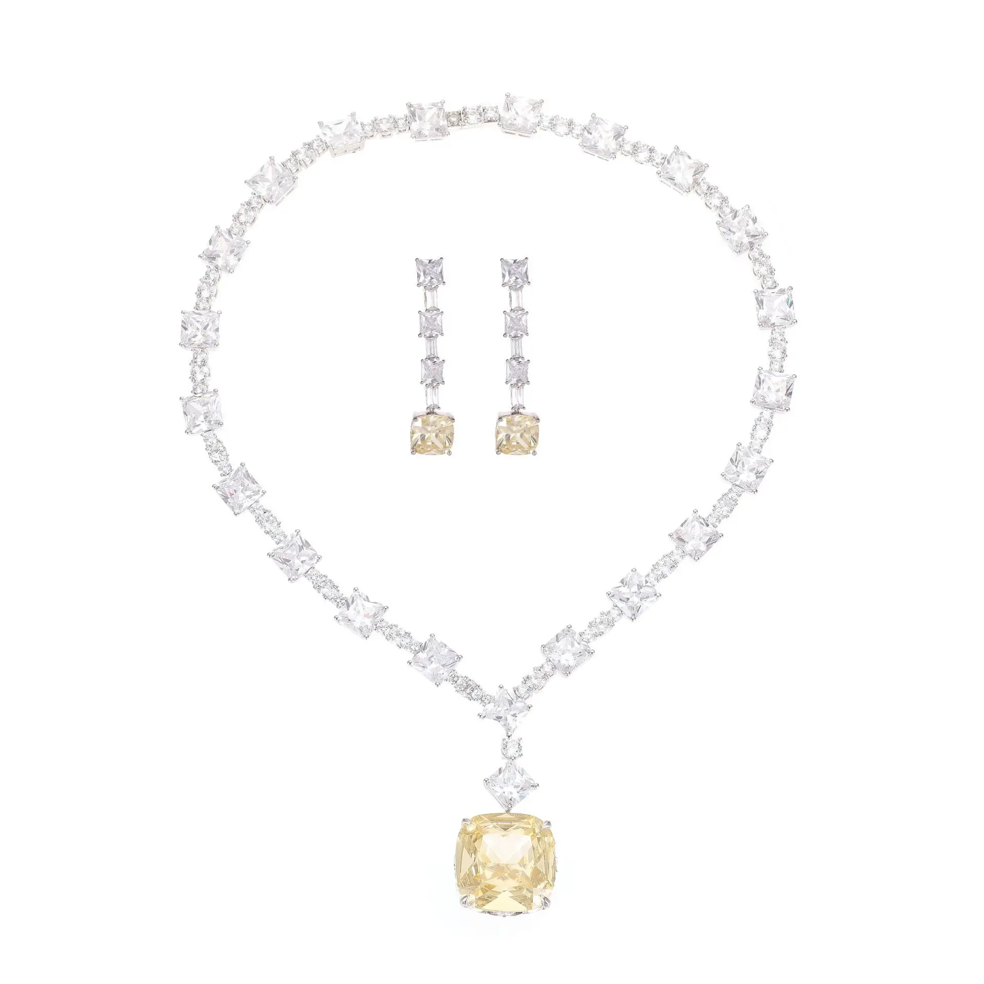 2‑Pcs Jewelry Set Necklace Earrings Multi‑Color CZ Cushion Princess Cut Bridal Party Statement Jewellery for Women