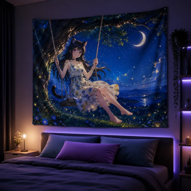 VIKAMA “Healing Starry Sky” Anime Tapestry, Soft Wall Hanging with Cat-Ear Girl Print, Bedroom Backdrop Decor