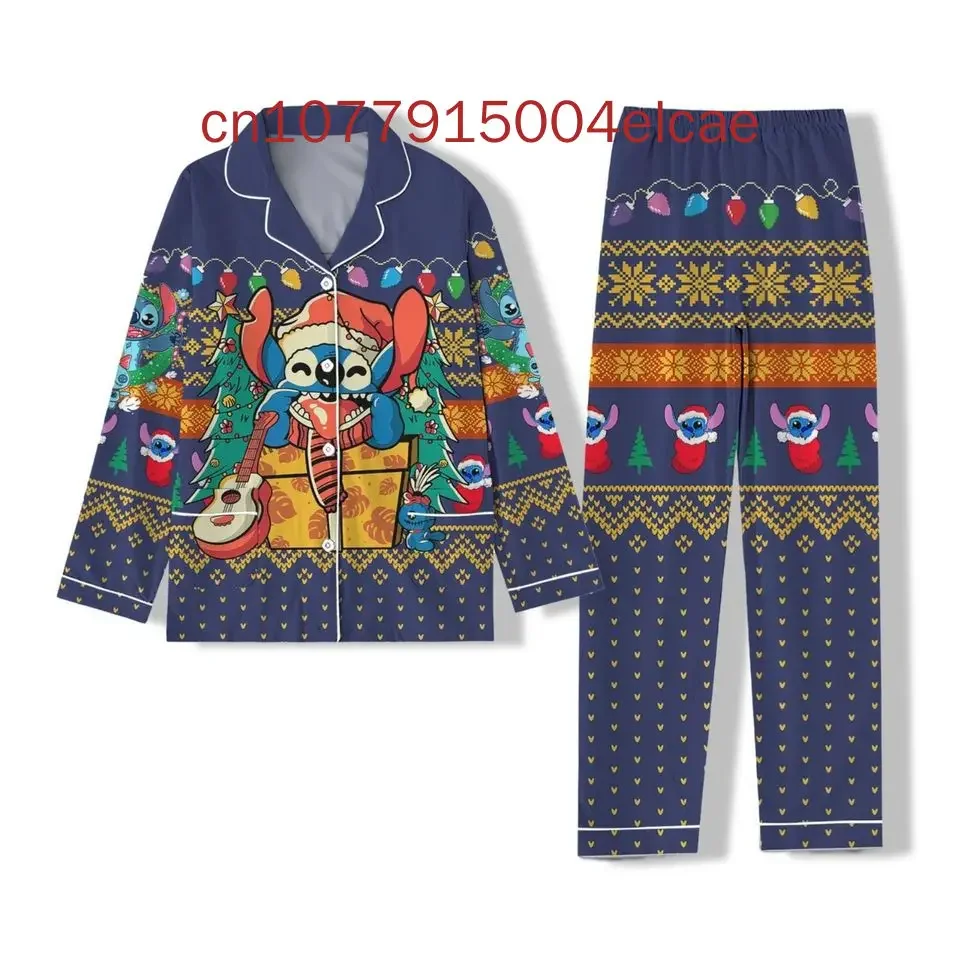 Christmas Stitch Family Pajamas Set Disney 3D Printed Casual Men\'s and Women\'s Long Sleeve Shirt Pajama Set