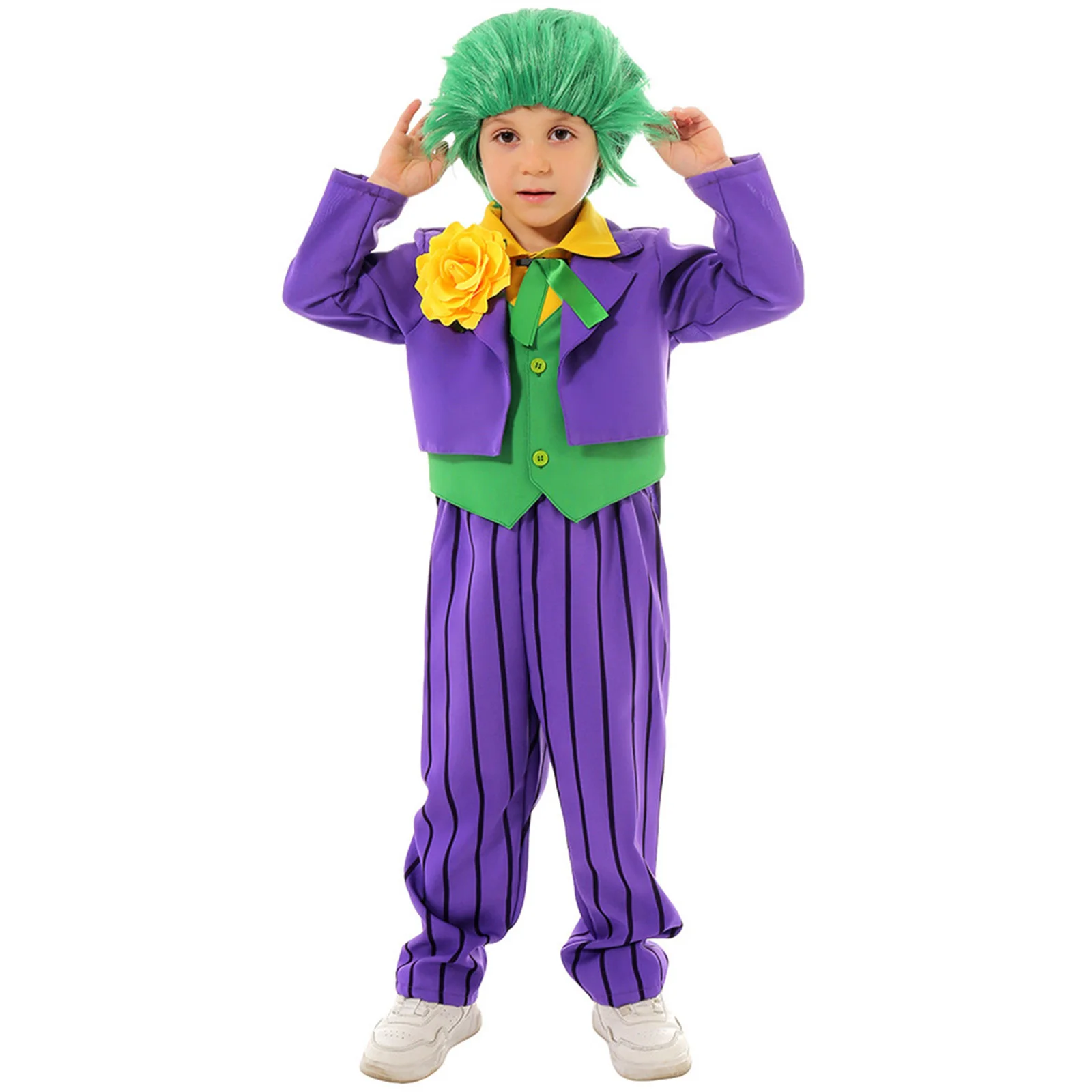 

Kids Jester Clown Cosplay Costume Purple Uniform Coat Pants with Wig for Children Boys Girls Halloween Stage Fancy Outfits