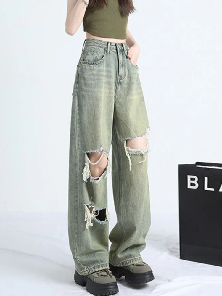 Zoki Amerikanischen Y2K Loch Jeans Frauen Streetwear Lose Hohe Taille Vintage Denim Hosen Casual Harajuku Gothic Dame Breite Bein Hosen