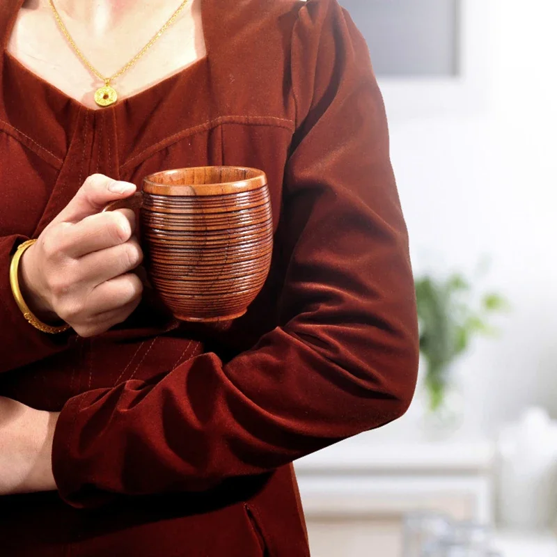 Wooden Big Belly Mug Cup with Handle Handmade Natural Wood Beer Tea Coffee Milk Water Cup Japanese Drinkware Kitchen Bar