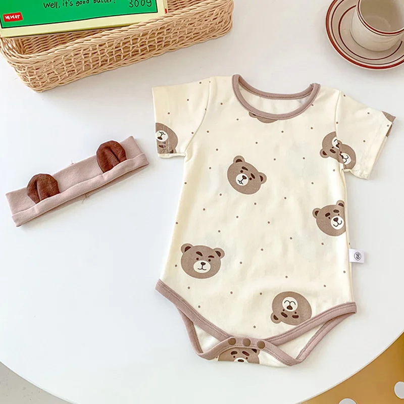 

2Pcs Newborn Romper Headband Set Cartoon Bear Baby Bodysuit for Boys Girls Summer Clothes Infant Jumpsuit Korea One-Piece Onesie