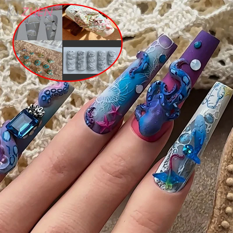 Lapin fraise océan poulpe 3D Silicone moule bricolage Nail Art décor dessin animé lapin fleur Transparent moule manucure conception outil