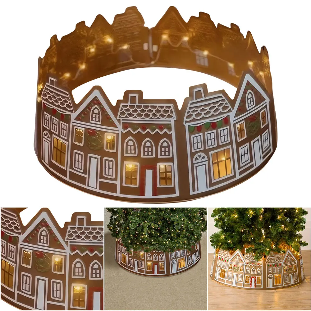 Casa de pan de jengibre Collar de árbol de Navidad Anillo de árbol de Navidad LED Cubierta de base de soporte de árbol de Navidad para decoración del hogar de fiesta navideña