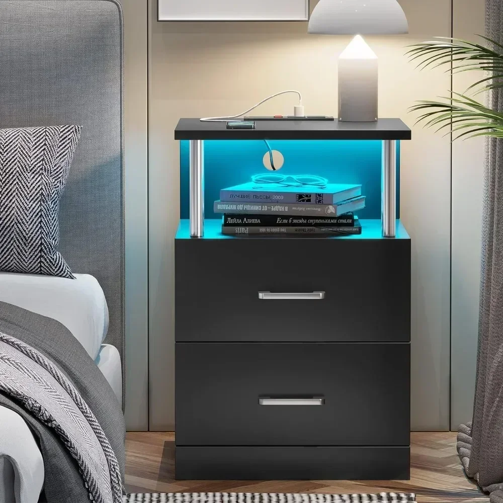 Bedside table with LED light, set of 2, bedside table with open storage and 2 drawers, modern side table in bedroom