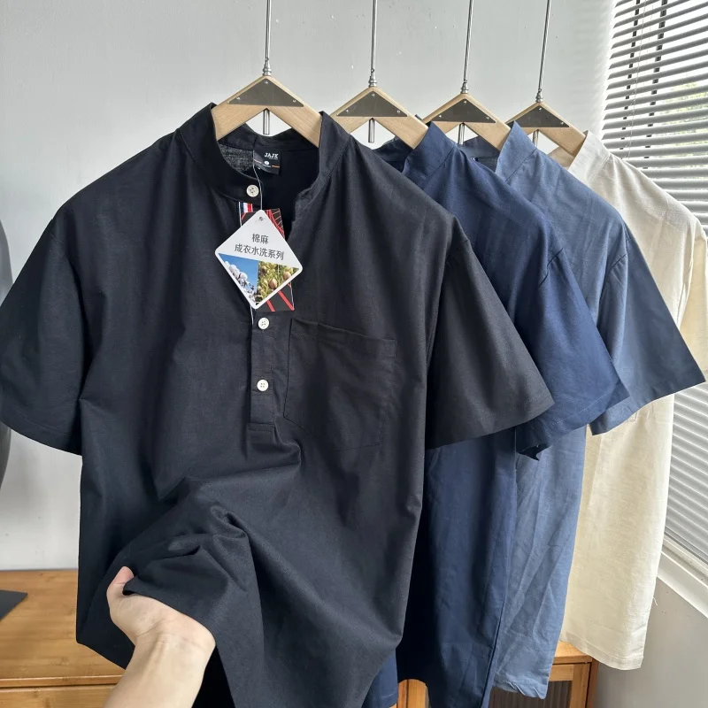 

Cool Breathable Henry Collar Cotton Linen T-irt Thin Summer ort Sve Men's Stand Collar Linen irt Trendy Loose Fit Yo...