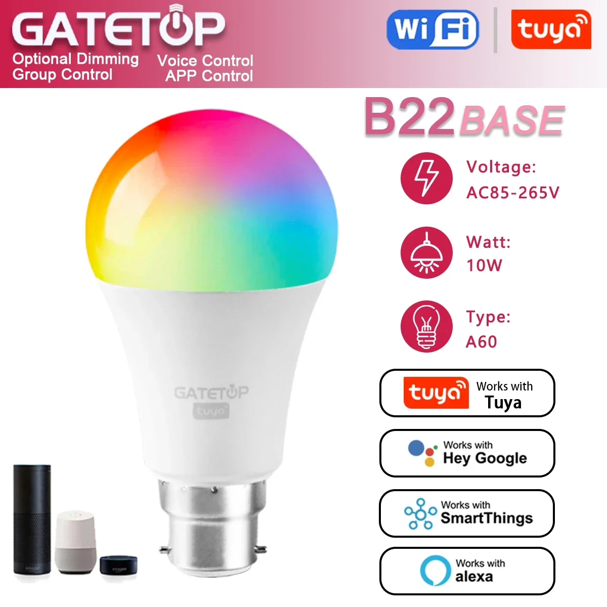 

Tuya Rgb Bulb 10W Smart A60 B22 Light Dimmable Wifi Led Magic Lamp AC 110V 85V-265V Work With Alexa Google Home