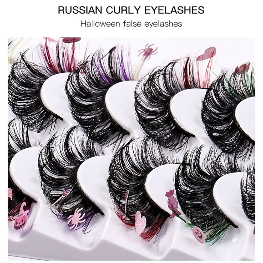 7 Pairs Dramatic Colorful Eyelashes Bat Pumpkin Witch Halloween Sequin Mink Eyelashes Russian Curly Thick Fluffy