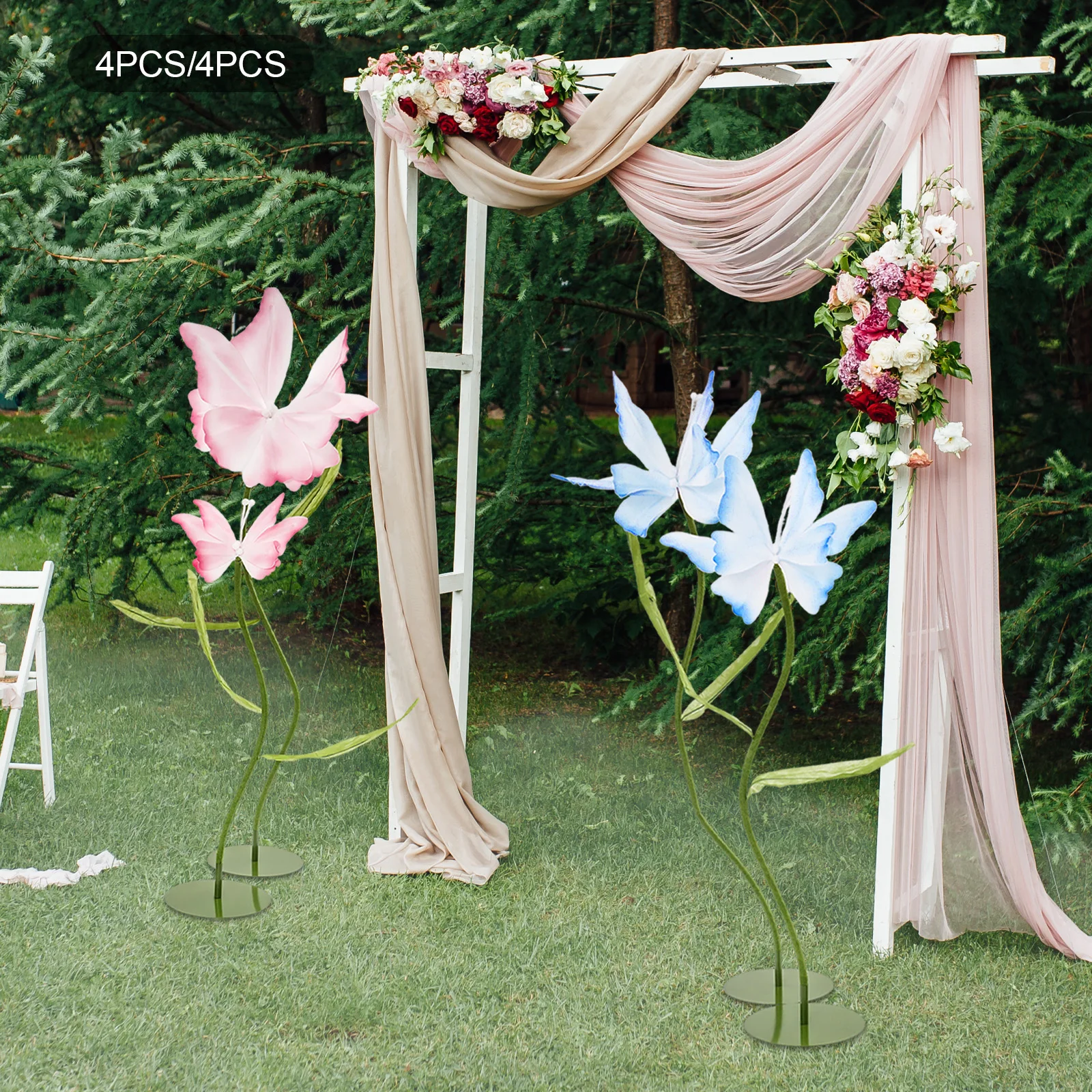 

Set of 4 Giant Artificial Butterfly Flowers with Adjustable Aluminum-Plastic Tube Stems for Decoration, Wedding Route Guide