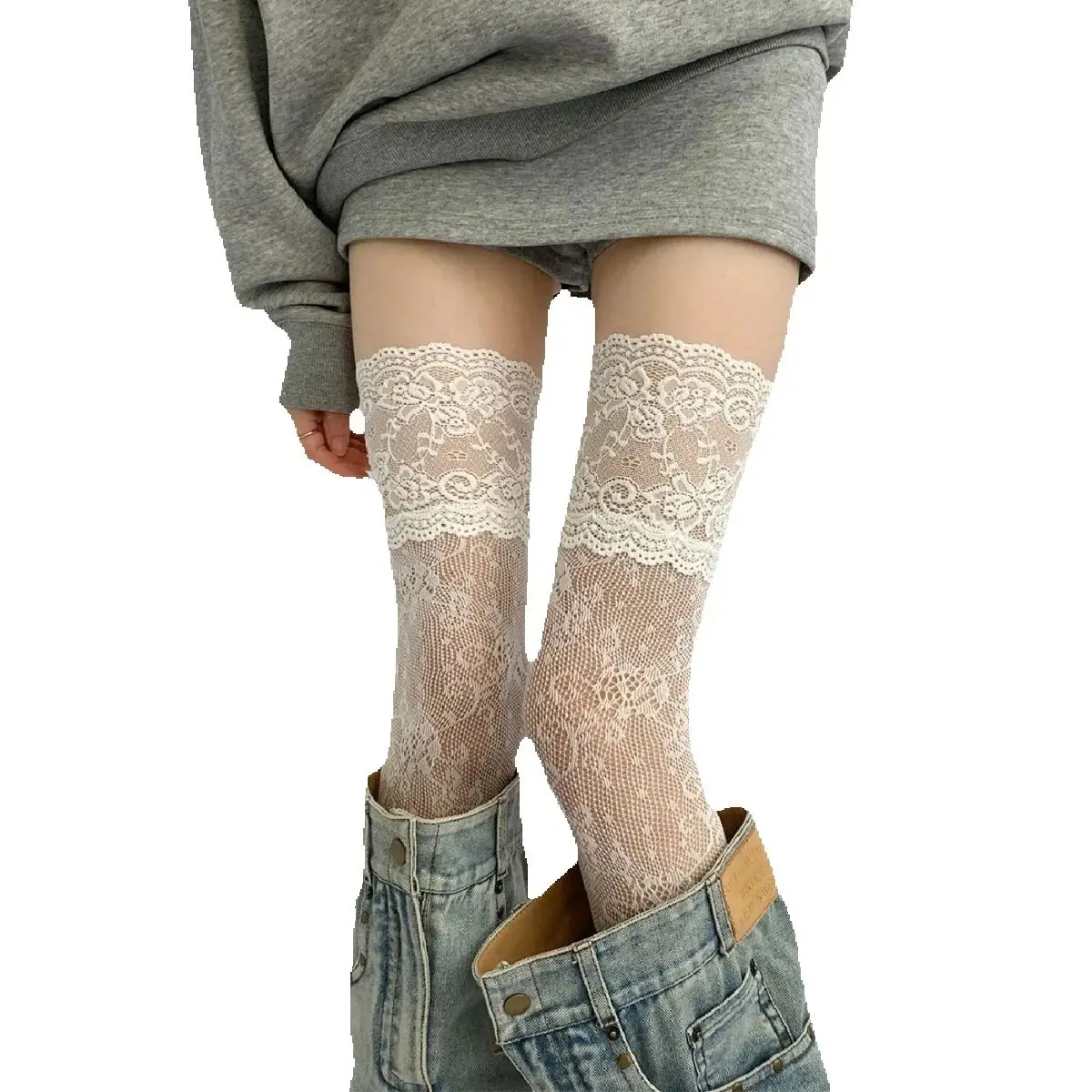 Chaussettes femme automne/été couleur unie cuisse haute dentelle bas femmes sur le genou bas Lolita filles longues jambe botte chaussettes #
