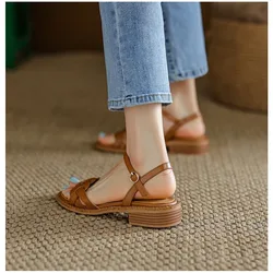 Ladies Shoes 2024 High Quality Retro Women's Sandals Roman Literary Style Hollow Female Shoes Summer Solid Heeled Sandals