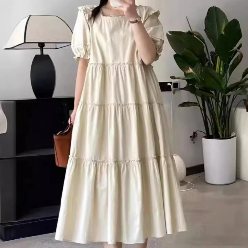 

Japanese Sweet Mori Girl Solid Color Midi Cake Dress Women Summer Square Collar Short Sleeve Casual Loose Cotton Linen Dresses