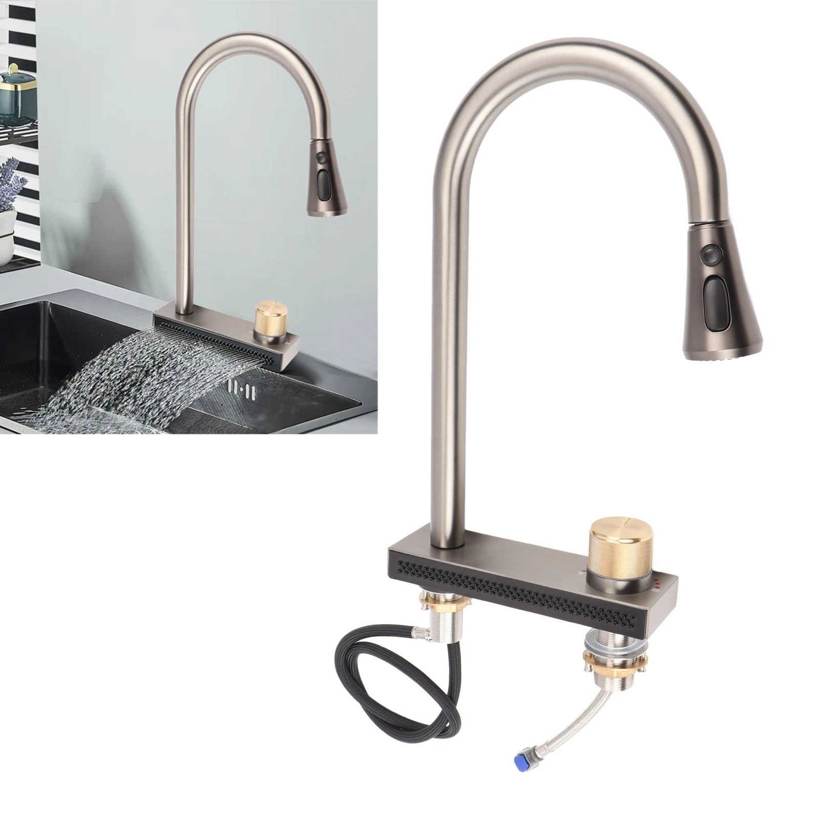 

Waterfall Kitchen Sink Faucet Easy To Clean G1/2 Interface Stainless Steel Kitchen Faucet with Pull Down Sprayer for Home