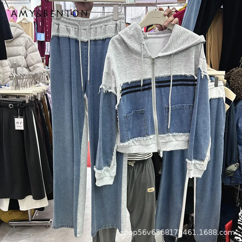 

Denim Patchwork Zip-up Hooded Jacket And Elastic Waist Long Pants Two-piece Set 2026 Spring New Casual Loose Sweatshirt Outfit