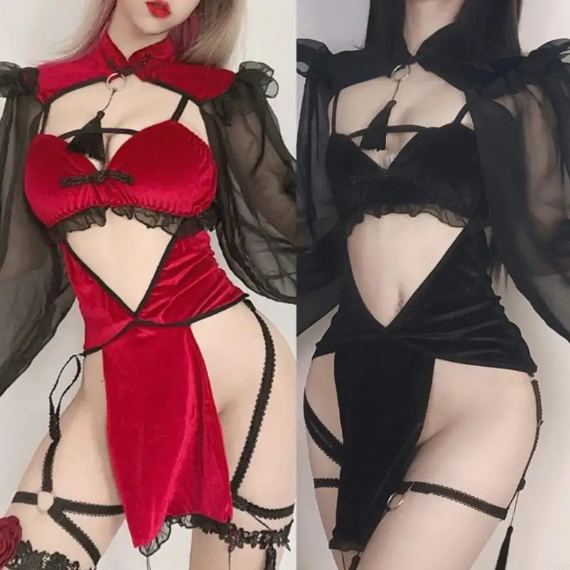 

Sexy Lingerie Side Slit Cutout Cheongsam with Thigh Cuffs and Long Mesh Sleeve