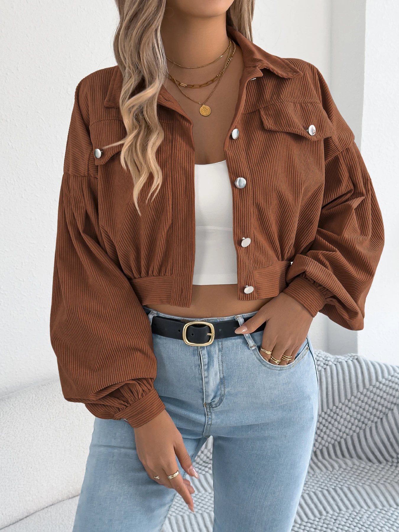 Manšestrová bunda pro ženy, podzim/zima | Krátká klopová bunda s dlouhým rukávem, falešnými kapsami a zapínáním na jeden knoflík, ležérní svrchní oblečení - náhled 5