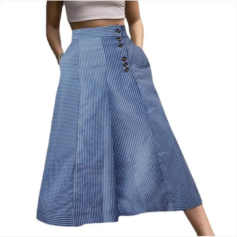 Fashionable High Waist Striped Wide Leg Casual Pants Loose Fit Button up Comfortable Women's Summer Thin Material Long Trousers