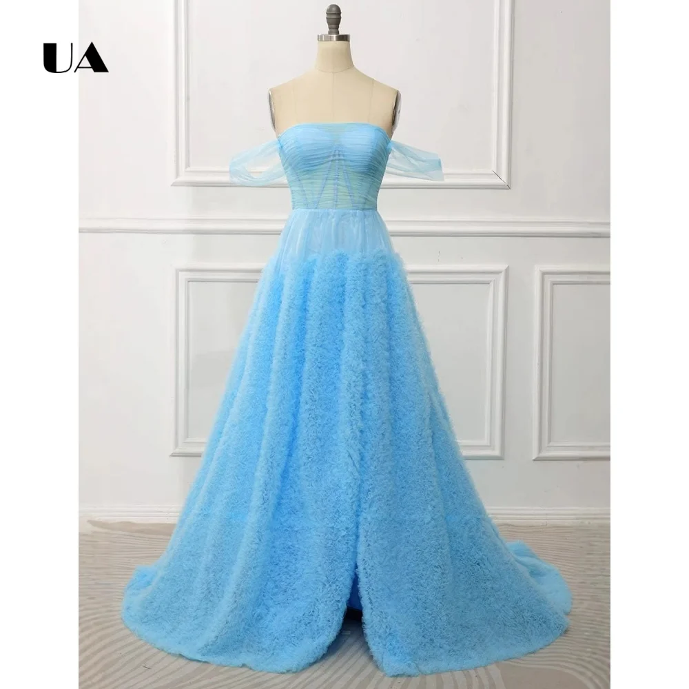 

ULBYANRY Customized A-line Mesh Ruffled Evening Dresses for Women, Simple Off-the-shoulder Party Dress, Elegant Slit Ball Gown