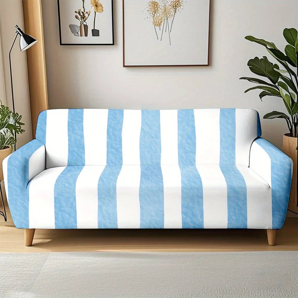 1pc Blue White Vertical Stripe Print Stretch Sofa Cover, Removable Washable Couch Slipcover for Coastal Modern Home Decor