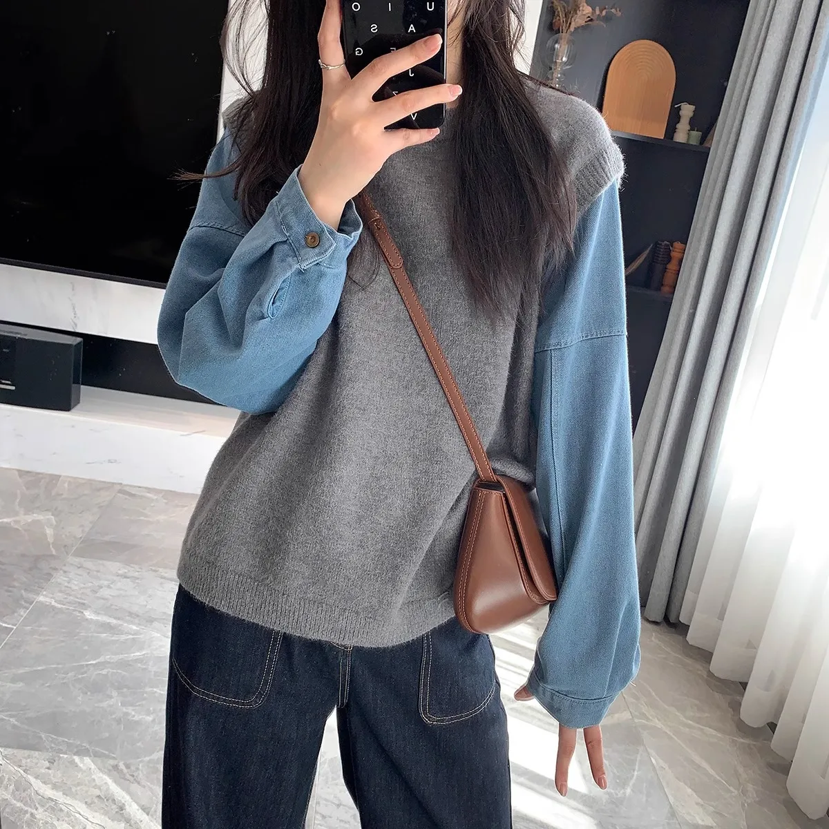 

SuperAen Denim Long-sleeved Spliced O-neck Sweater Woman 2024 Autumn and Winter New Contrast Color Casual Loose Sweaters