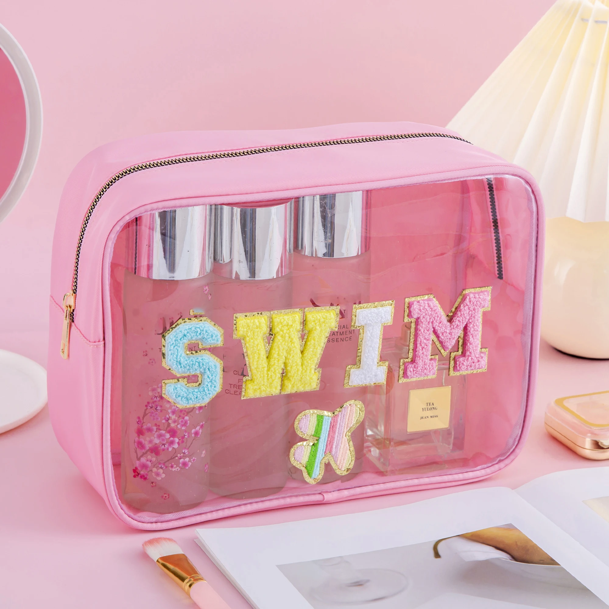 Toppe in ciniglia impermeabili di grande capacità da donna borsa per il trucco in PVC trasparente borsa per cosmetici con cerniera borsa da viaggio da spiaggia