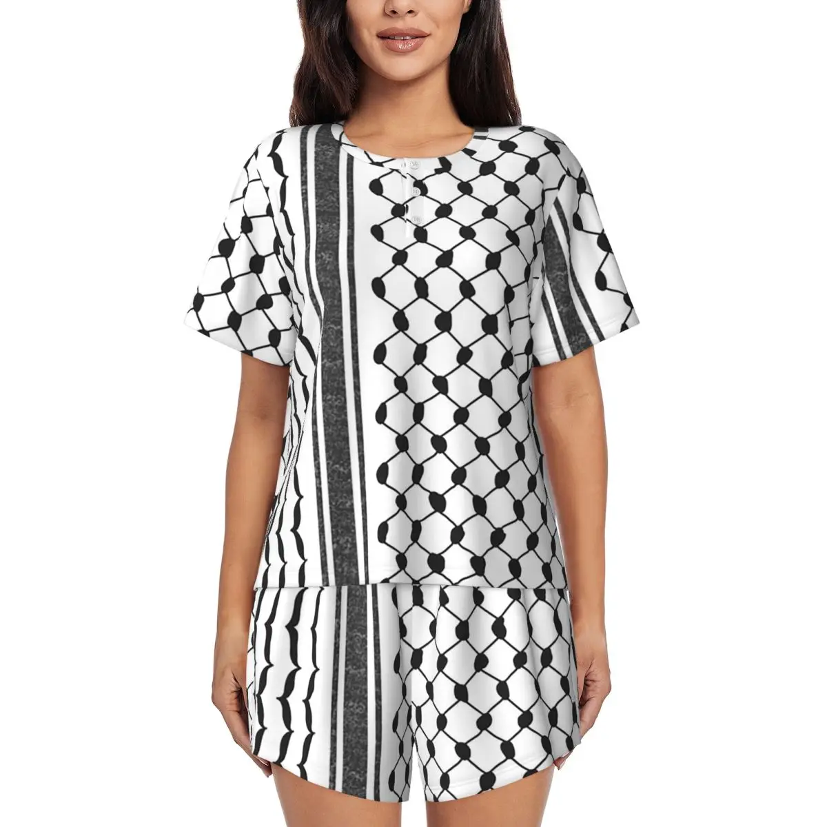 

Hattah (Keffiyeh) Round Neck Short Sleeve Nightgowns for Sleeping Sleepshirts Women Soft Pajama Set Short Pants