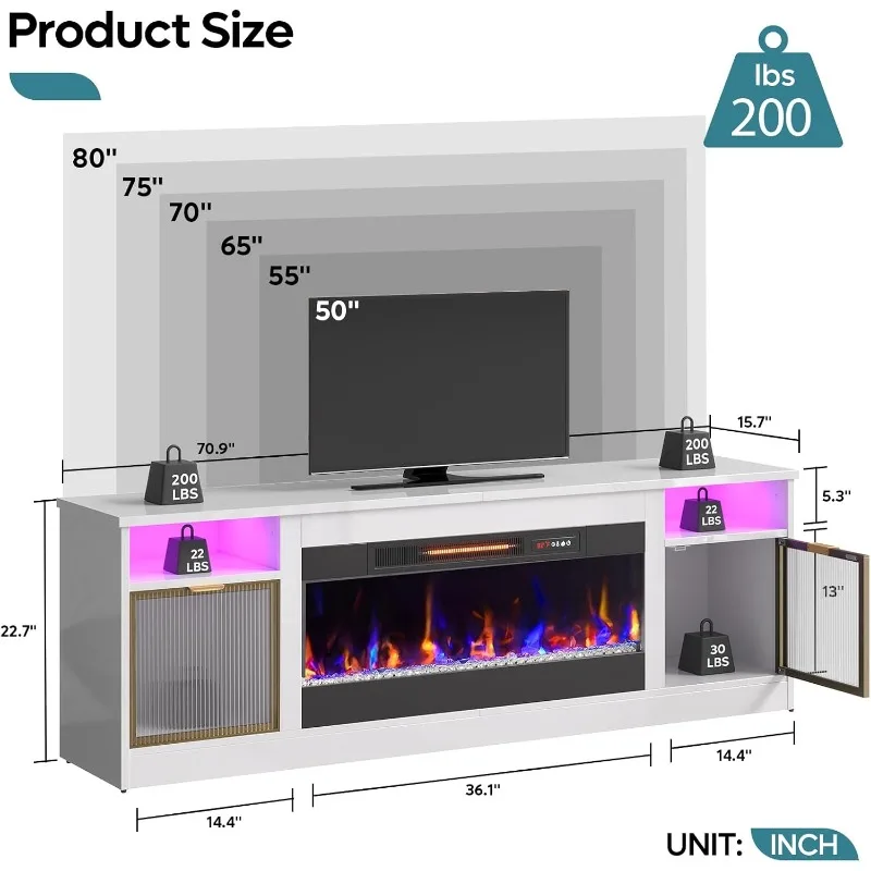 Fireplace TV Stand for 65/70/75/80 Inch TV, LED Entertainment Center with 36