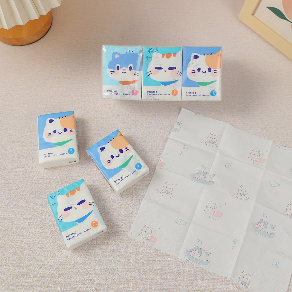 Pañuelo de papel con estampado de dibujos animados para estudiantes, pañuelo de gato de la suerte a la moda, paquete pequeño portátil para limpieza diaria, 9 unidades por paquete