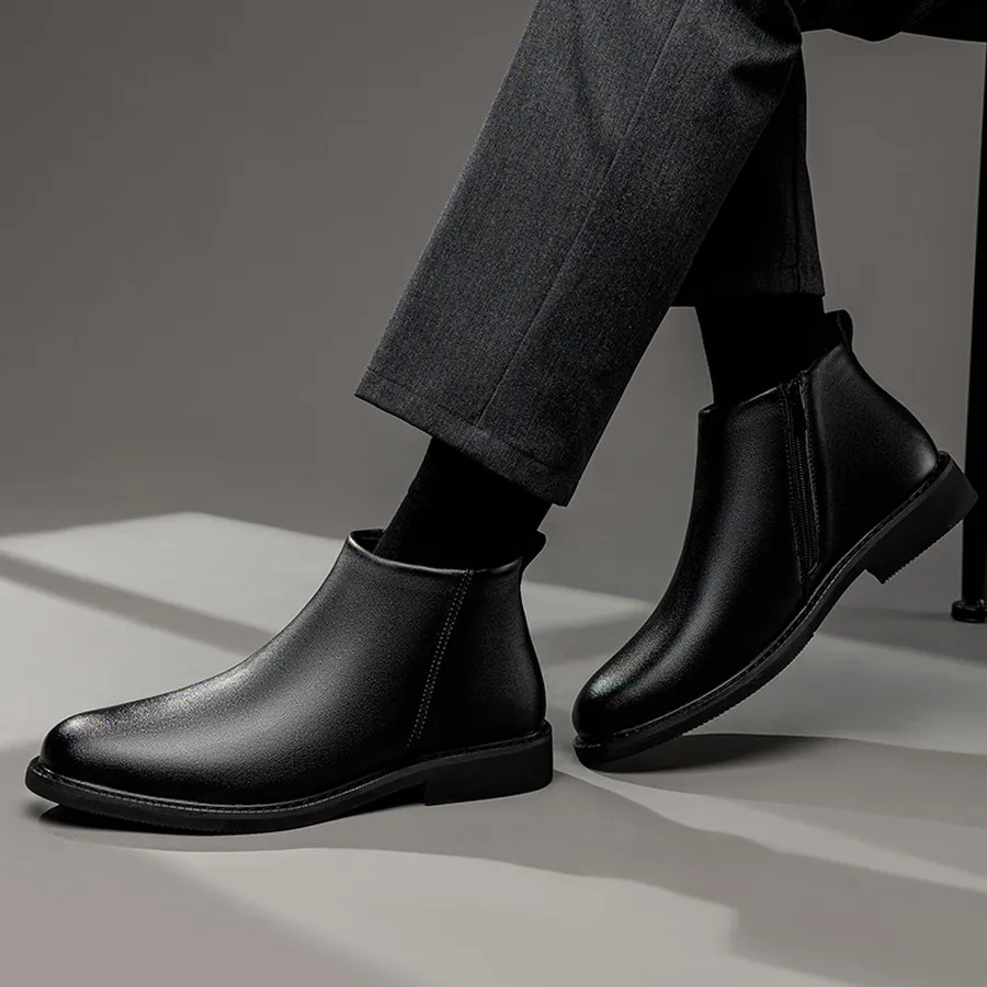 Men's Chelsea Short Boots Side Zipper Round Toe Low Heel Casual Winter Boots for Daily Wear