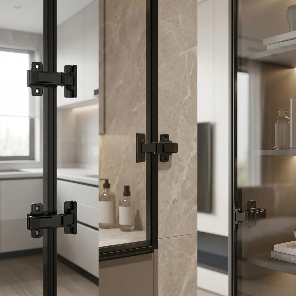 Aluminum Frame Hinge No Drill Glass Hinge Built In Damping Mechanism Smooth Silent Closing Robust Matte Black Finish