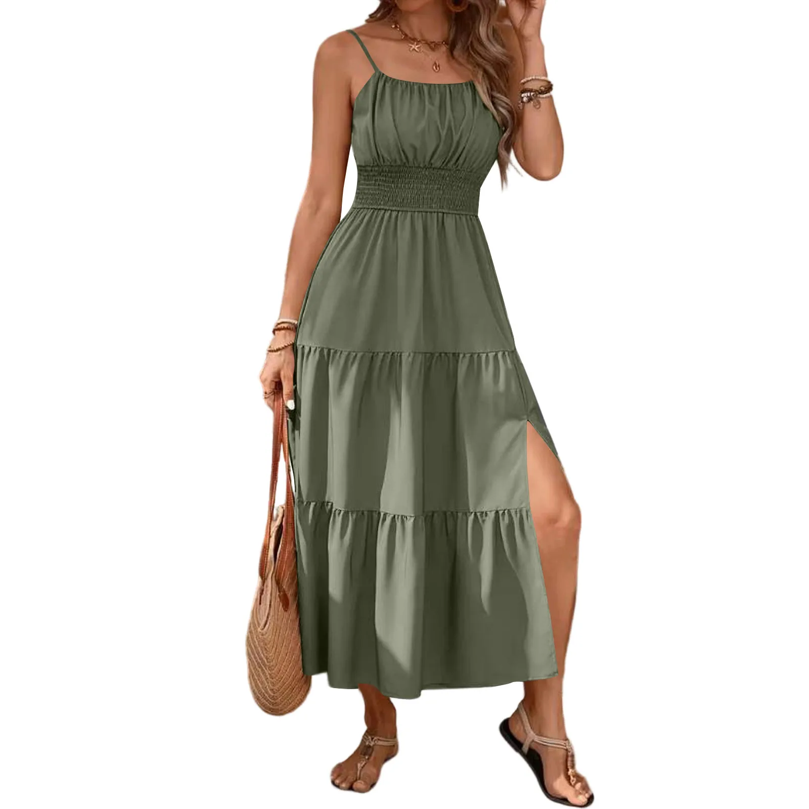 Vestido feminino em camadas com babados e alça espaguete, slim fit, cintura definida, vestidos longos, casual, sem mangas, cor sólida