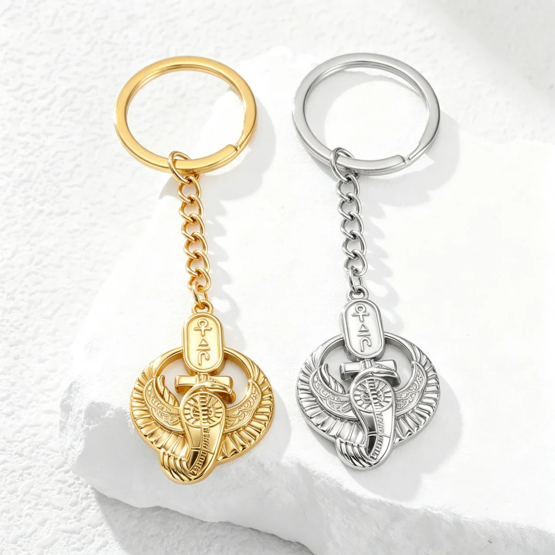 Vintage Egypt Mythology Key Chain Winged Horus Falcon with Ankh Symbol Charm Keyring Stainless Steel Bag Accessory Talisman Gif