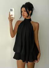 Backless Dress Halter Tie Waist Solid Summer Style for Women - Black