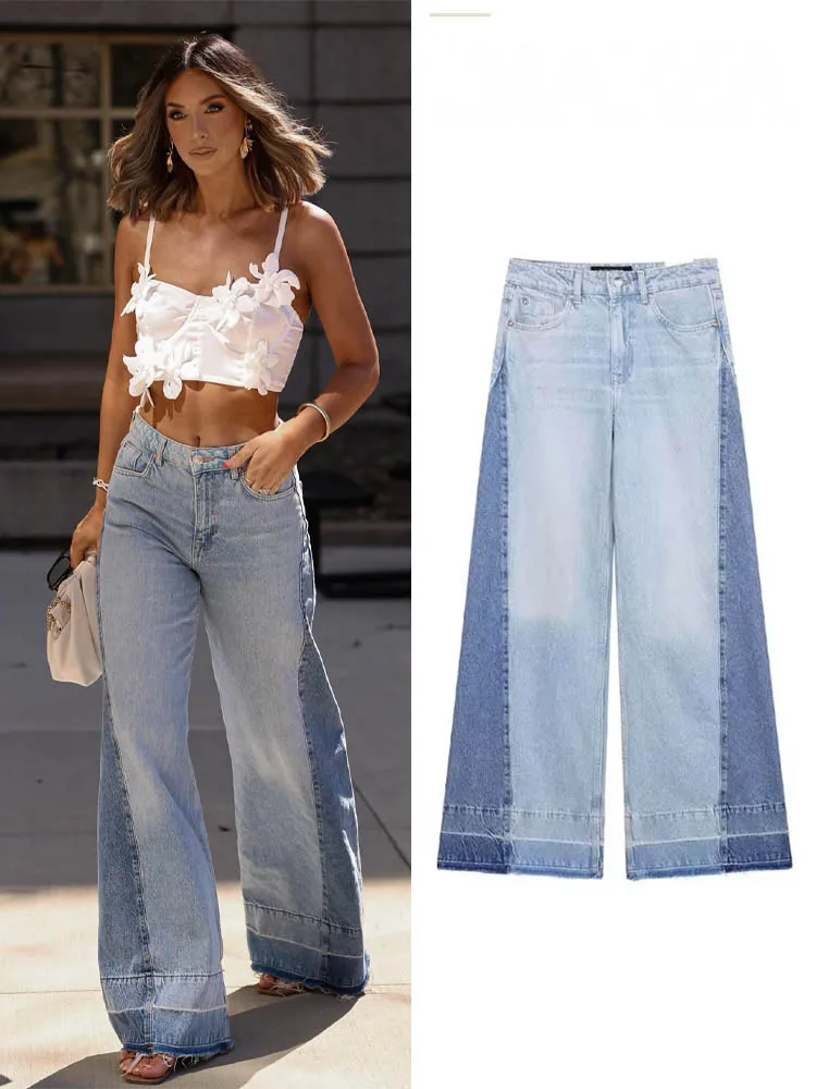 TRAFZA Jeans moda donna Denim Tasche a vita alta Pantaloni lunghi con cerniera con bottoni Jeans patchwork stile streetwear primaverile femminile