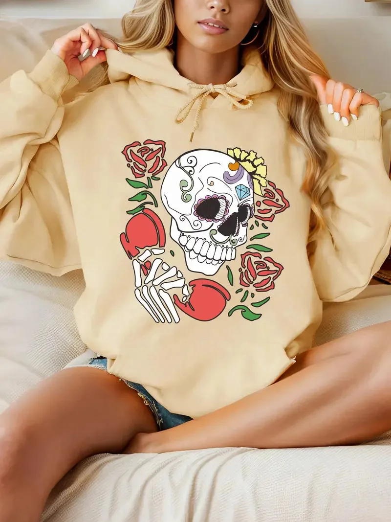 Skull Pattern Long Sleeved Spring And Autumn Hoodie Halloween Round Neck Women's Cross-Border Warm Horror Pattern TopMC11