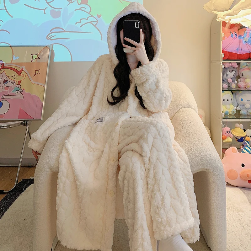 Coral Velvet Night Dress Bathrobes For Women Shower Cartoon Cute Warm Hooded Sleepwear Robe Flannel Kimono Bath Robe Plus Size