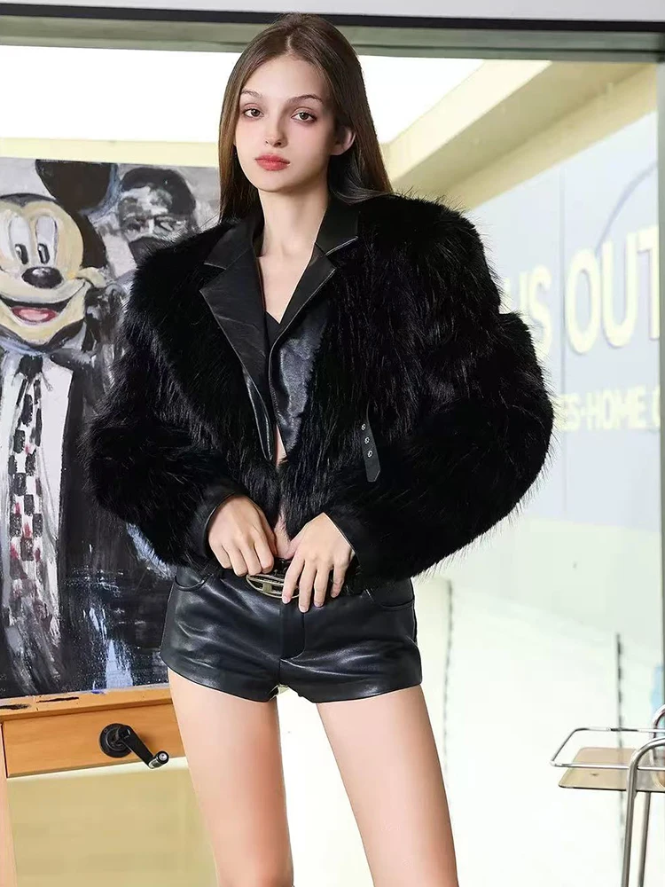 

Black Faux Fur Crop Coat for Women Y2K Fashion Streetwear Patchwork Fluffy Short Jacket Korean Lapel Cardigan Faux Fox Fur Parka