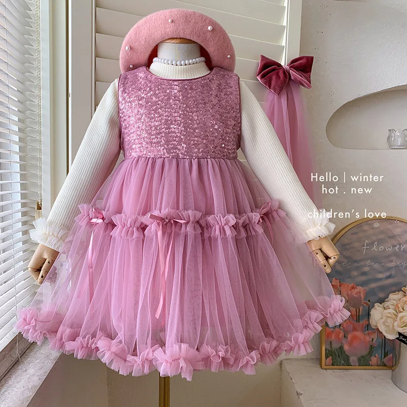 

Girls' Winter Dress Set2025Fleece-Lined Base Layer Sleeveless Fleece-Lined Layered Dress Two-Piece Set