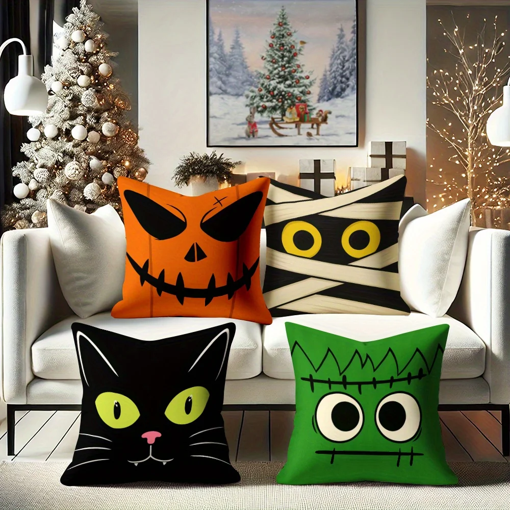 

4pcs Halloween Pillow Covers, Spooky Pumpkin Face Print, Polyester Zippered Washable for Couch Bed Home Decor