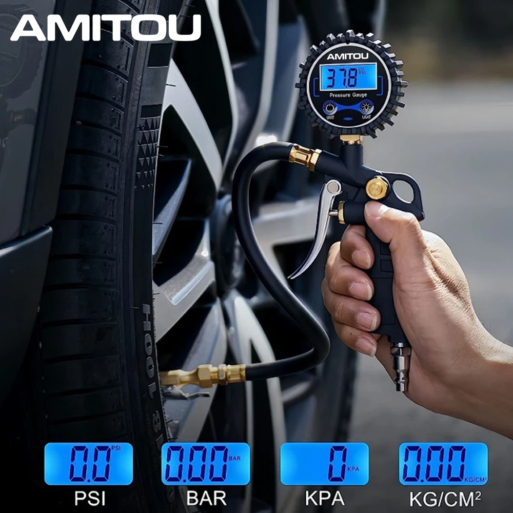 AMITOU เครื่องวัดความดันยางแบบดิจิตอลแบบพกพาหยุดอัตโนมัติ 250PSI สําหรับรถยนต์จักรยานรถจักรยานยนต์ Inflator หัว