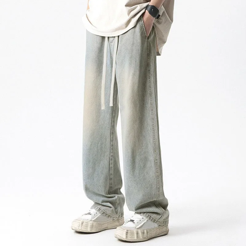 Jeans Pria Musim Panas Celana Lurus Kaki Lebar Pinggang Elastis Pakaian Jalan Antik Celana Panjang Longgar Kasual Pria Celana Denim Warna Solid