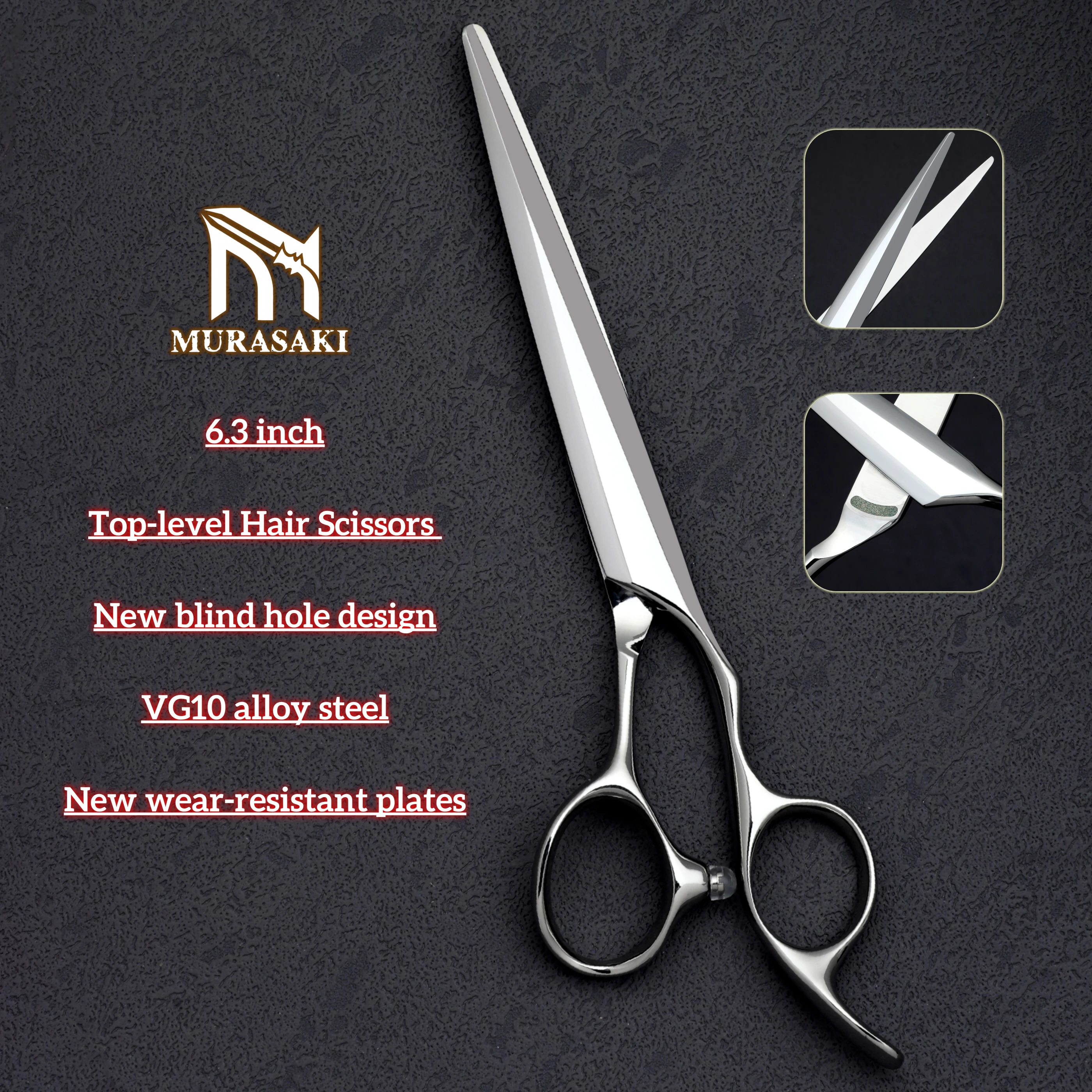 MURASAKI 6.3 inch Professional Hair Scissors，New-style Blind Hole Design Barber Shears，VG10 Cobalt Steel Barbershop Accessorie
