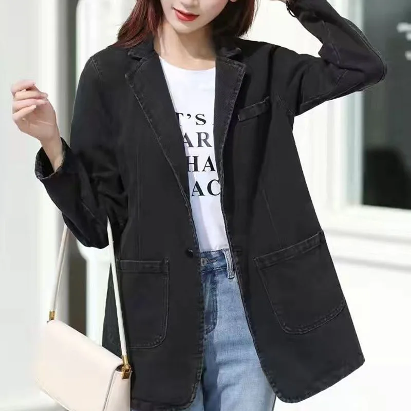 Vintage Suit Women Jeans Jacket Casual Tops Loose Short Denim Blazer Outwear Female Cowboy Basic Coat New 2023 Spring Autumn