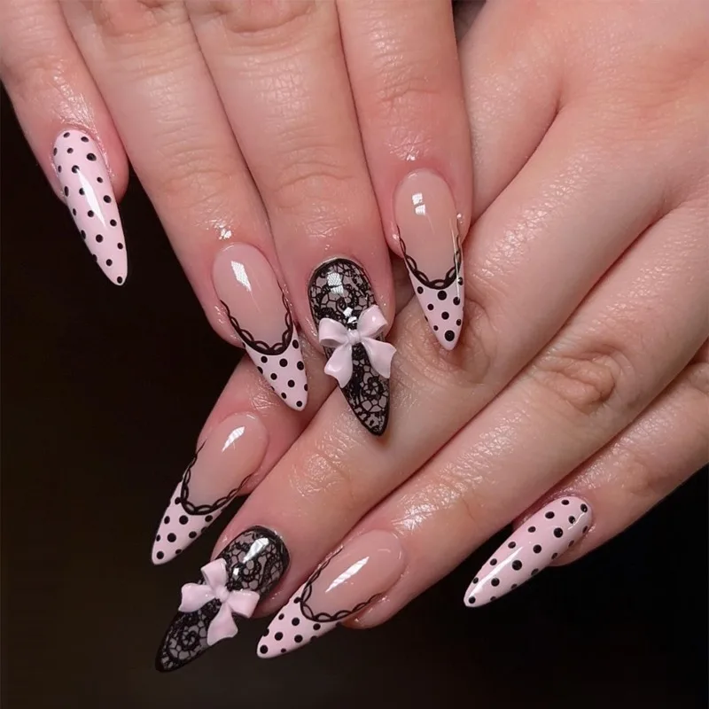 

24PCS Y2k Almond Press on Nails Sweet Cool Black Polka Dots Lace Designs Fake Nails for Hot Girls Pink Bowknot French Nail Tips
