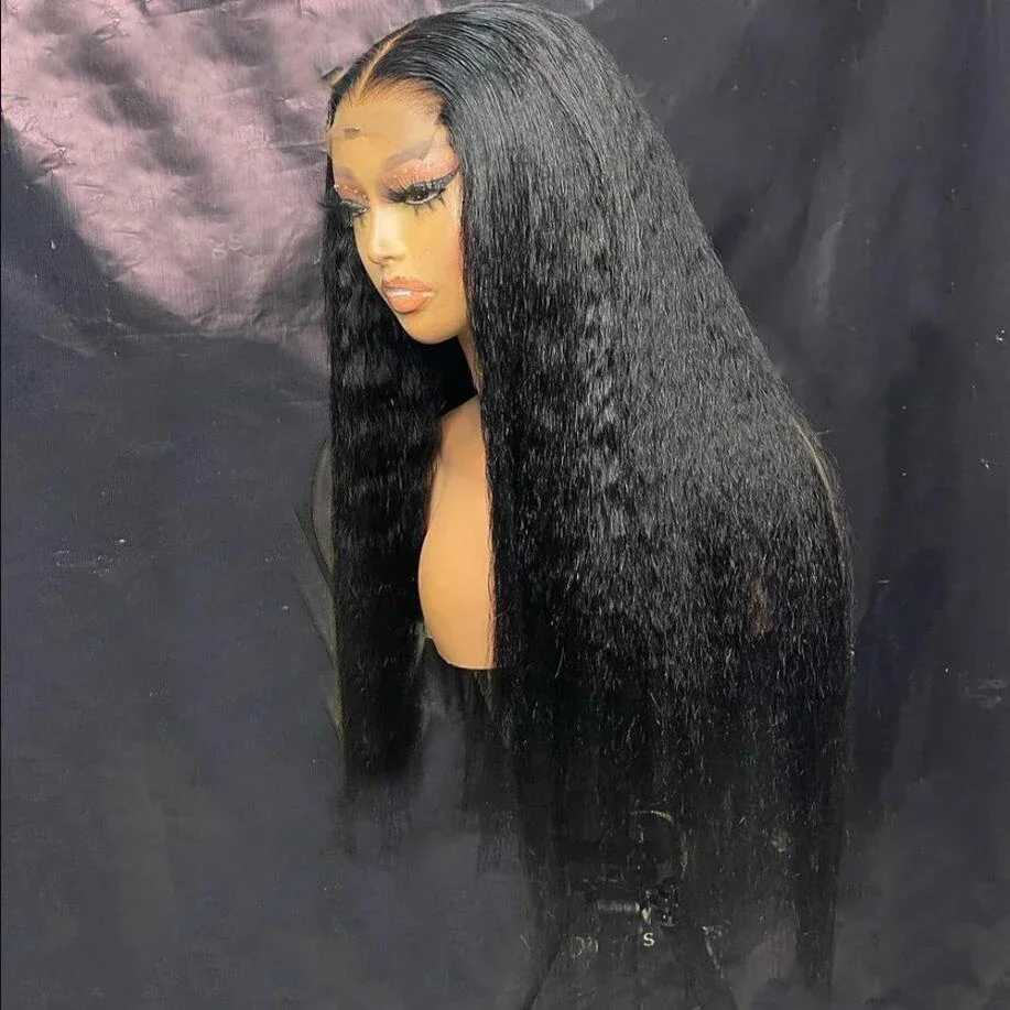 

Black 26Inch 180%Density Long Yaki Kinky Straight Lace Front Wig For Black Women Baby Hair Heat Resistant Glueless