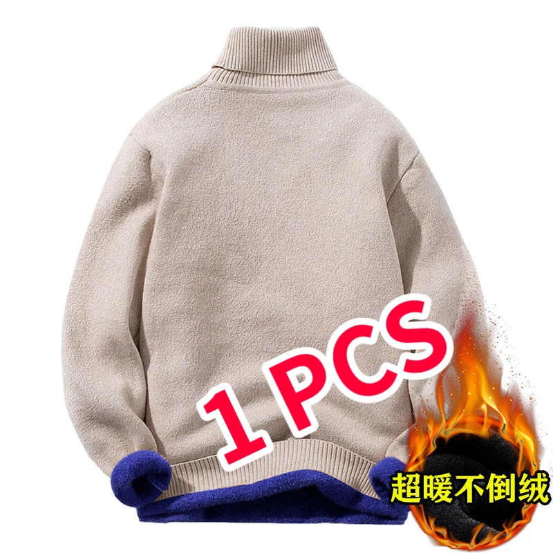 2PCS Men\'s Fleece Thickened Mid/high collar Sweater Winter Men Solid Color Sweater Cold-proof Warm Pullover Bottoming Shirt 5XL